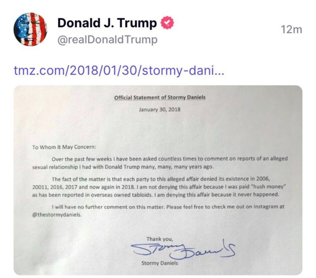 Image in @MarioNawfal's post: #BREAKING: Stormy Daniels’ letter denying her affair with Trump was posted by Trump on Truth Social…
