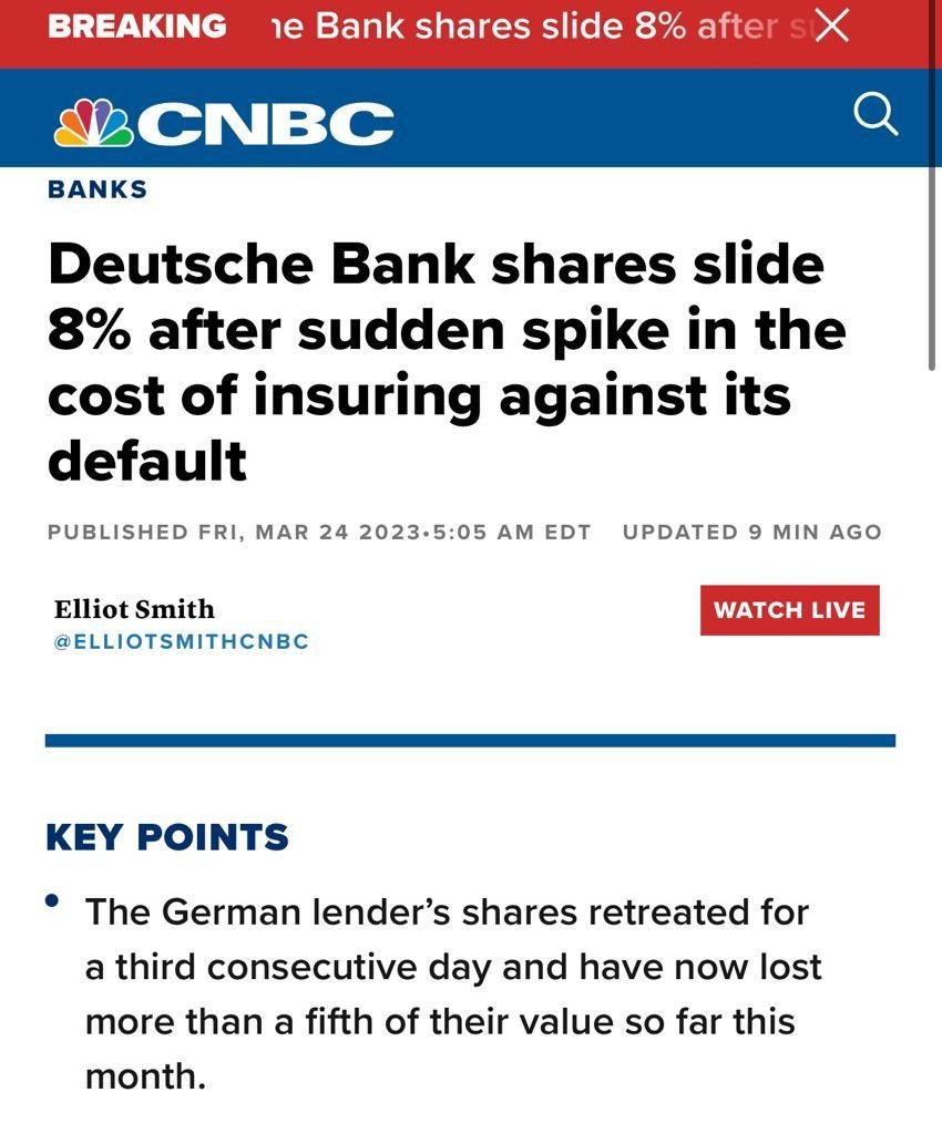 Image in @MarioNawfal's post: #BREAKING: Deutsche Bank shares slide 8%, and are now down over 20% this month.
- Deutsche's AT1 B…