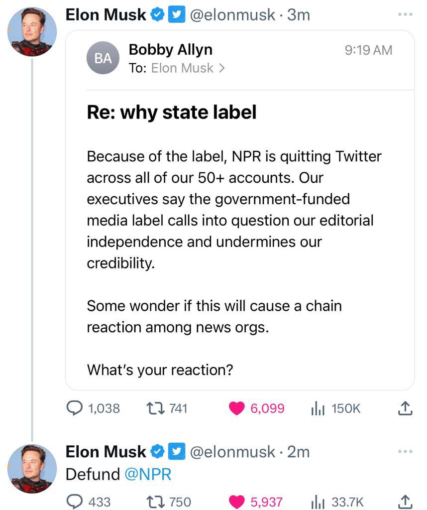 Image in @MarioNawfal's post: #BREAKING: Musk calls for NPR to be Defunded
NPR sent @elonmusk an email essentially trying to pr…