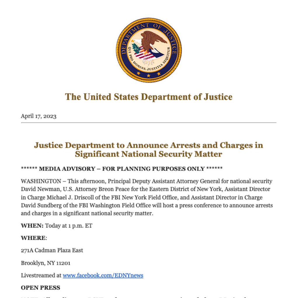 Image in @MarioNawfal's post: #BREAKING: US Justice Dept. will have a press conference at 1 ET to announce arrests and charges i…