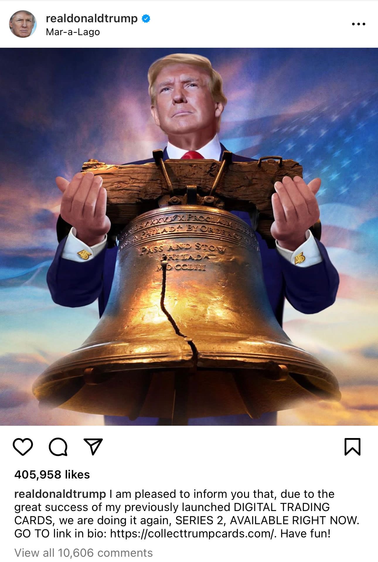 Image in @MarioNawfal's post: #BREAKING: Donald Trump has returned to Instagram.
His first post was announcing the release of a…