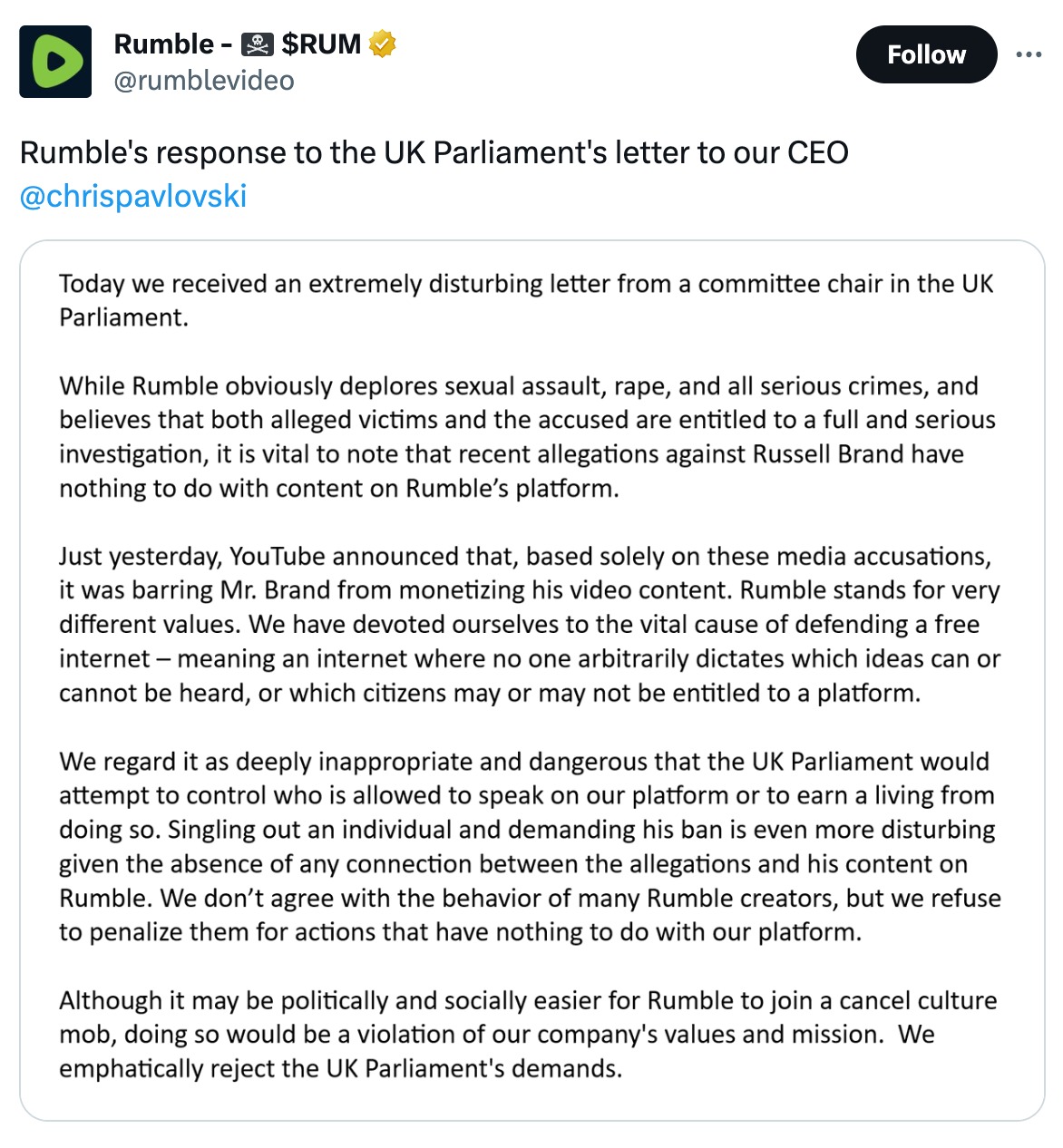 Image in @MarioNawfal's post: BREAKING: RUMBLE RESPONDS TO UK MP’S CENSORSHIP ORDERS
CEO Chris Pavlovski has denied the request …