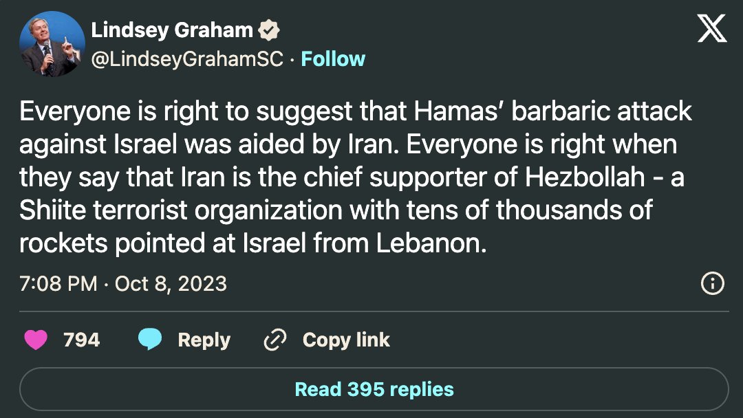Image in @MarioNawfal's post: 🚨BREAKING: LINDSAY GRAHAM THREATENS U.S STRIKES ON IRAN
"Iran has 4 major refineries, and if Hezbo…