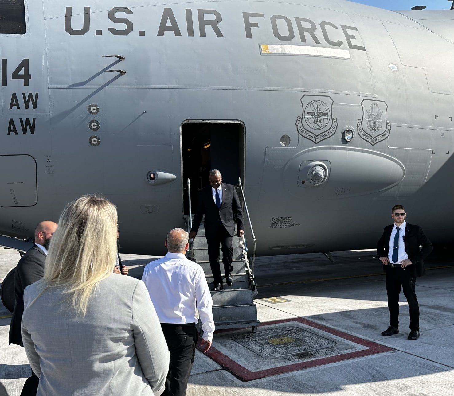Image in @MarioNawfal's post: 🚨 JUST IN - The US defense minister arrives in Israel