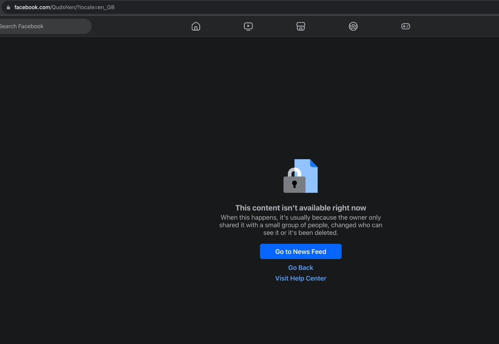 Image in @MarioNawfal's post: 🚨JUST IN: Looks like Quds News in Gaza has had its Facebook Page removed.
Source: Aurora
