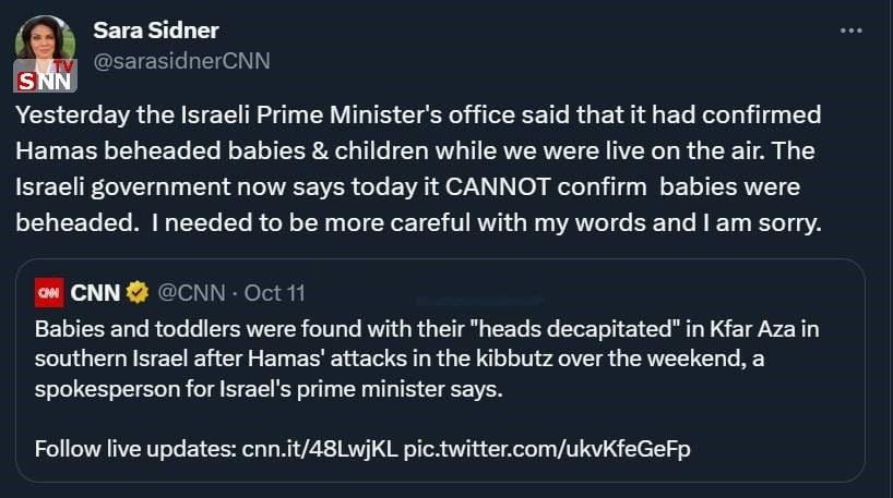 Image in @MarioNawfal's post: 🚨JUST IN: CNN reporter issues an apology and clarifies that the news of baby beheadings by Hamas wa…