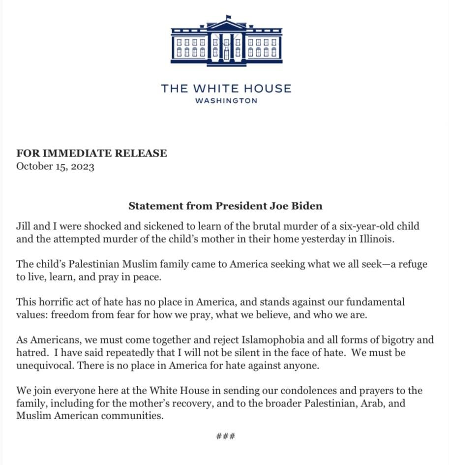 Image in @MarioNawfal's post: 🚨BREAKING - Statement From Joe Biden:
"This Horrific act of hate has no place in America"
"As Ame…