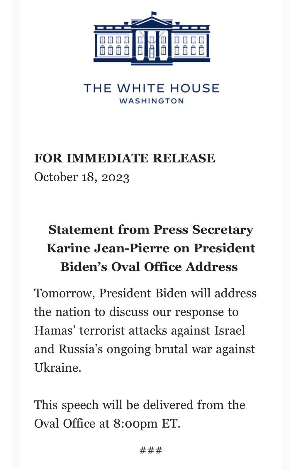 Image in @MarioNawfal's post: 🚨JUST IN: BIDEN ADDRESSING THE NATION ON HAMAS AND UKRAINE
Biden will deliver a speech from the Ov…