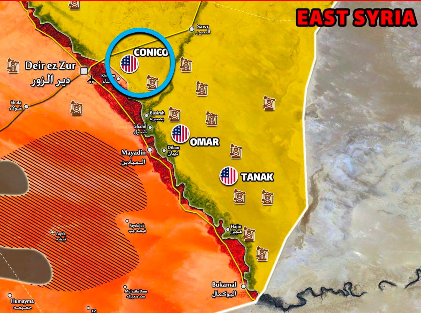 Image in @MarioNawfal's post: 🚨BREAKING: Explosions sounded in the vicinity of the Konico gas field in Deir ez-Zor, Syria, where …