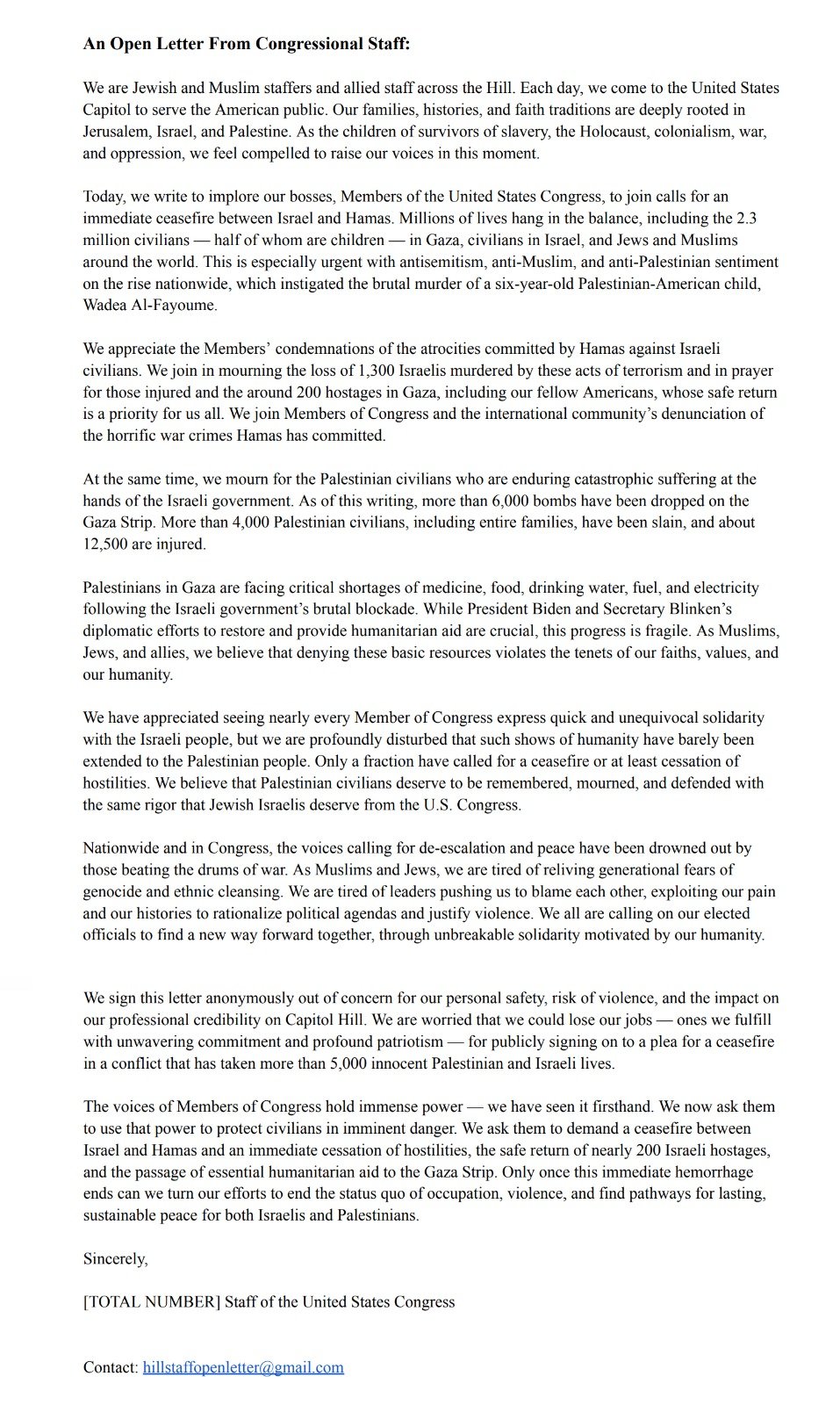 Image in @MarioNawfal's post: 🚨 JUST IN: 411 staff members in the offices of US Congress write an open letter urging lawmakers to…