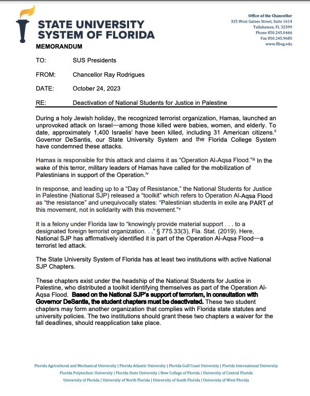 Image in @MarioNawfal's post: 🚨JUST IN: DeSantis Shuts Down Pro-Palestinian University Groups
University of Florida & University…