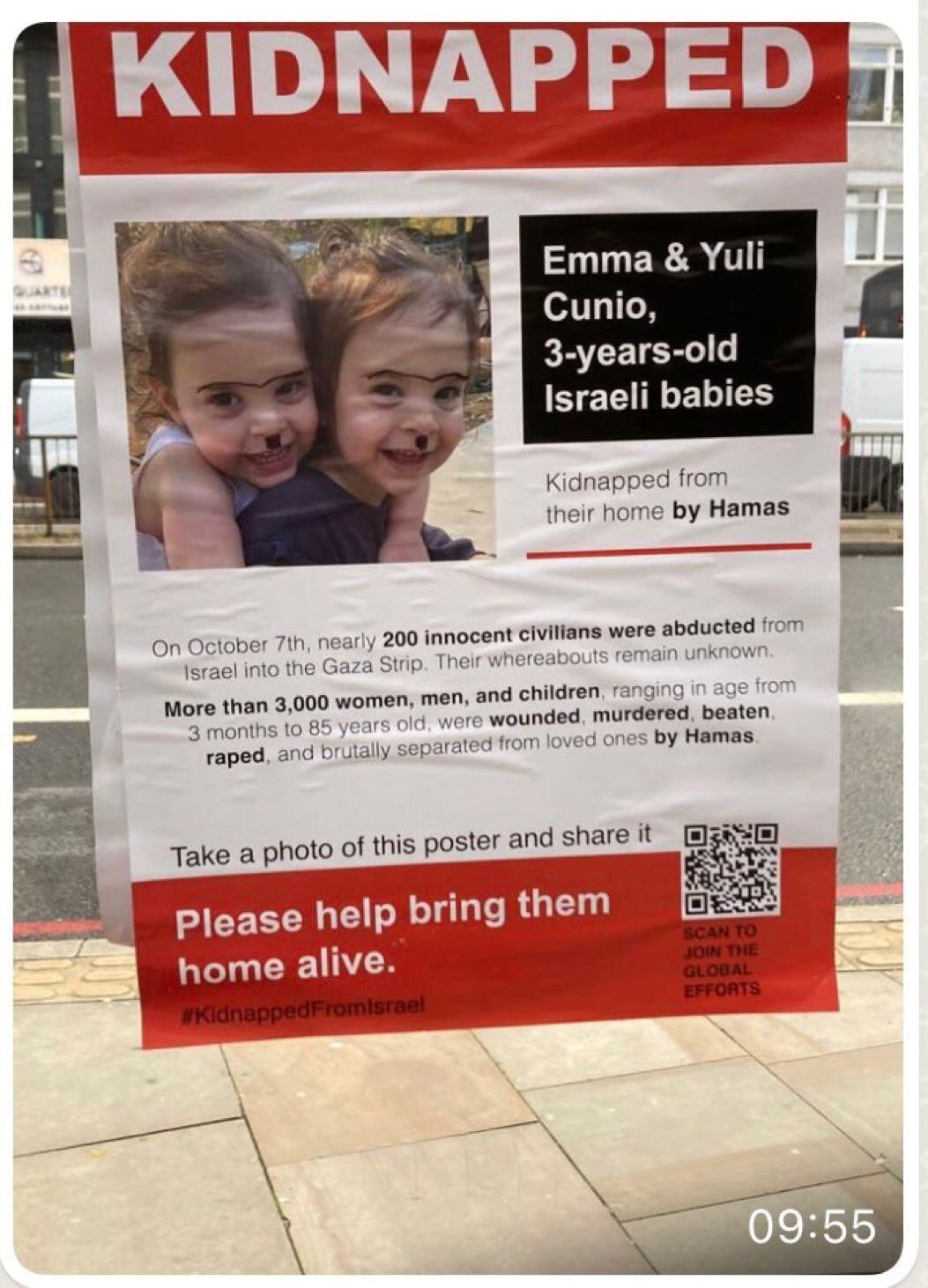 Image in @MarioNawfal's post: 🚨 Just In: Children Taken Hostages by Hamas, Faces Drawn on
Unidentified individuals in London hav…
