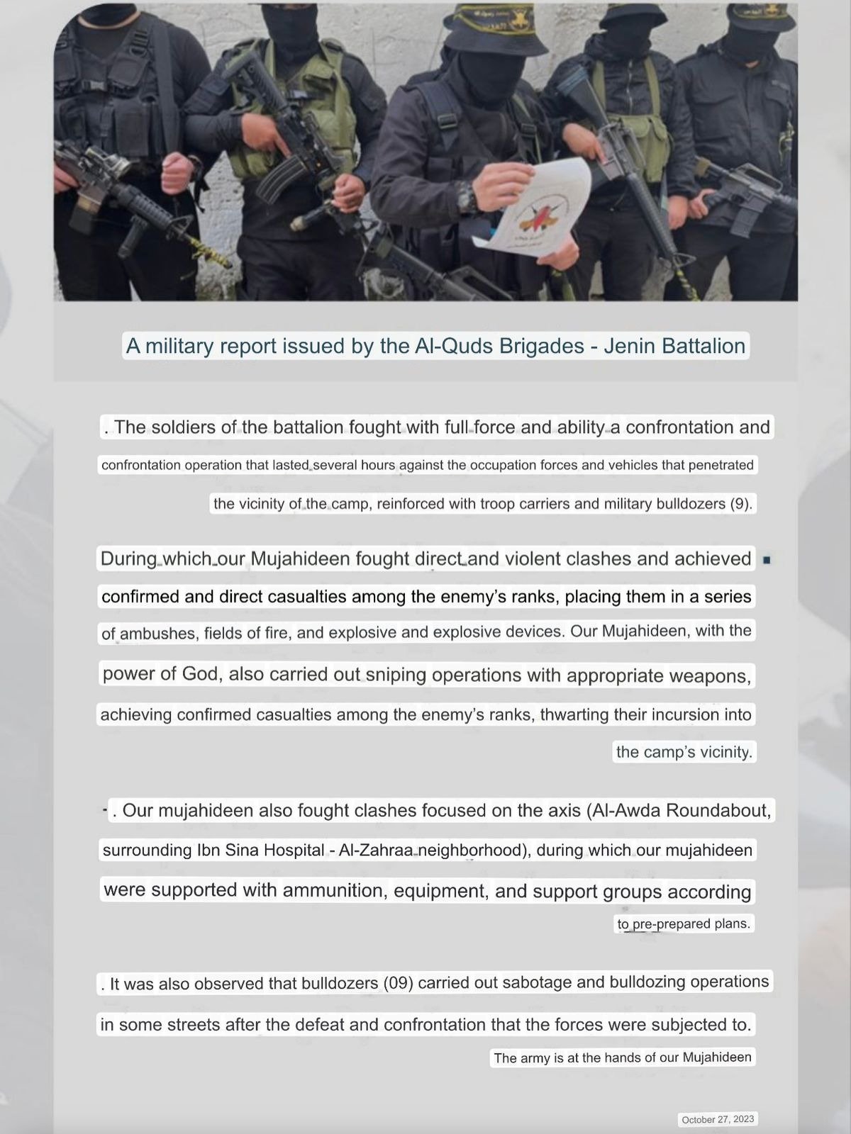 Image in @MarioNawfal's post: 🚨 JUST IN: Jerusalem Brigades' Jenin Brigade Issues Statement on Last Night's Clashes with Israeli …