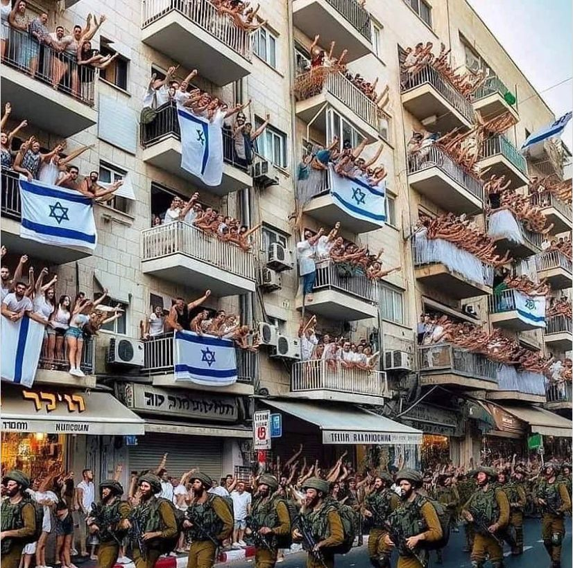 Image in @MarioNawfal's post: 🚨 DEBUNKED: THE IMAGES BELOW CLAIM MASSIVE RALLIES IN ISRAEL WITH IDF TROOPS
The photos are AI-gen…