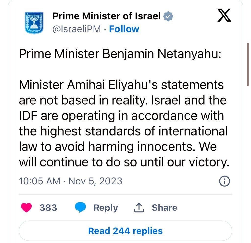 Image in @MarioNawfal's post: 🚨 Netanyahu Says Minister’s Statements About Nuking Gaza ‘DIVORCED FROM REALITY’
PM Netanyahu cond…