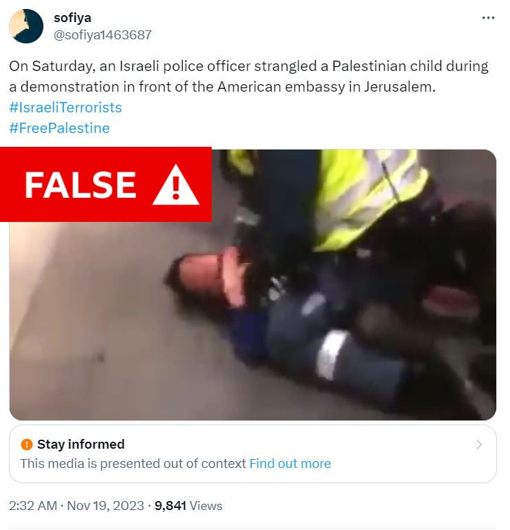 Image in @MarioNawfal's post: 🚨DEBUNKED: Video Depicting an Israeli Officer Assaulting a Palestinian Child in Jerusalem.
It ac…