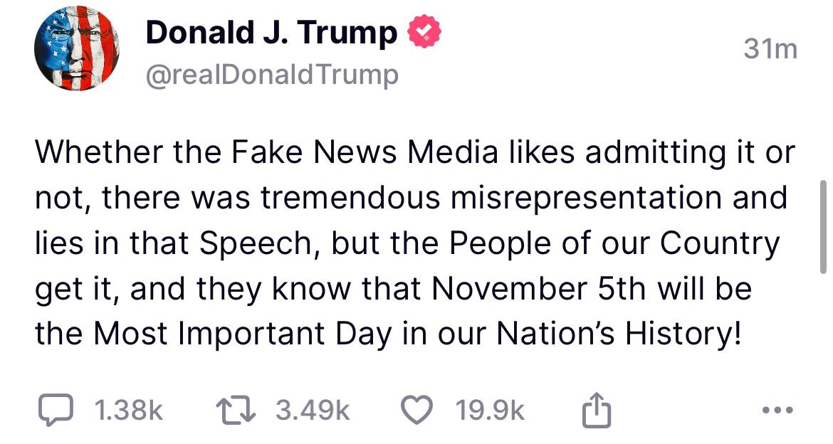 Image in @MarioNawfal's post: TRUMP RESPONDS: "FAKE NEWS WON'T STOP ME"
Source: Truth Social