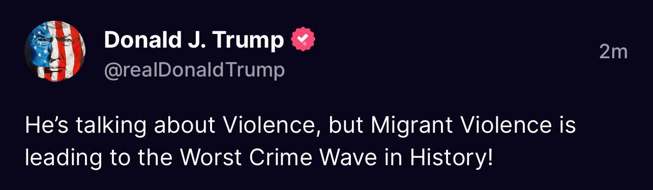 Image in @MarioNawfal's post: TRUMP RESPONDS: "MAYBE BIDEN SHOULD TALK ABOUT THE CRIMINAL MIGRANTS"
Source: Truth Social