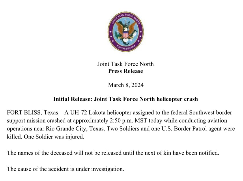 Image in @MarioNawfal's post: 🚨🇺🇸 BREAKING: U.S. MILITARY CONFIRMS 3 DEAD AND 1 INJURED IN HELICOPTER CRASH https://t.co/hv6QY12J…