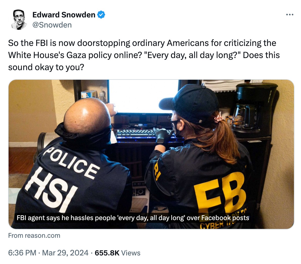 Image in @MarioNawfal's post: 🚨🇺🇸SNOWDEN: FBI INVESTIGATING SOCIAL MEDIA POSTS IS NOT OK
“So the FBI is now doorstopping ordinar…