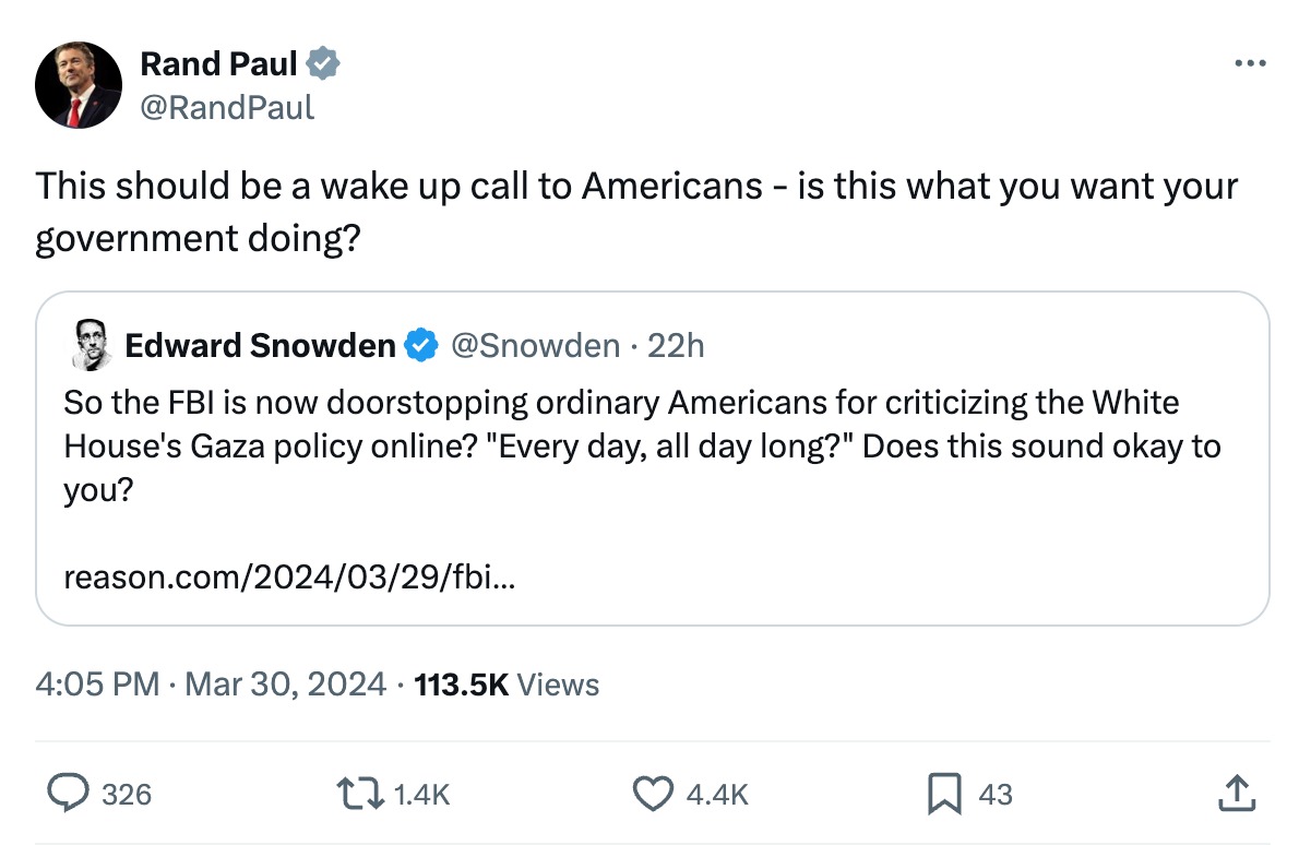 Image in @MarioNawfal's post: 🚨🇺🇸RAND PAUL: THE U.S GOVERNMENT SHOULD NOT BE INVESTIGATING FACEBOOK POSTS
Alarmed by the latest …
