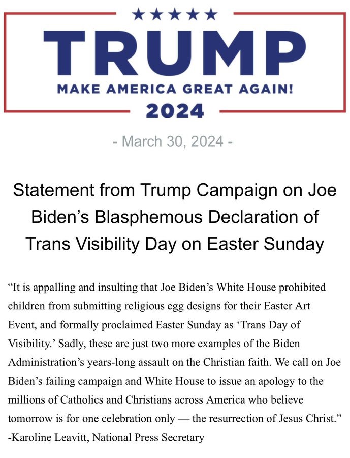 Image in @MarioNawfal's post: 🚨🇺🇸 TRUMP ON BIDEN CHANGING EASTER TO TRANS DAY: IT IS APPALLING AND INSULTING
The Trump campaign …