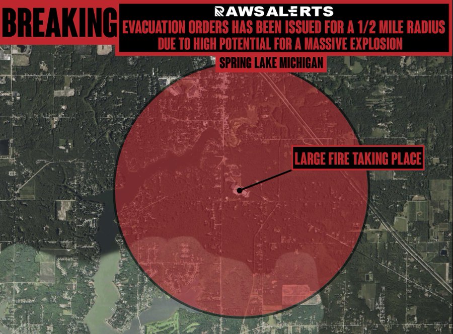 Image in @MarioNawfal's post: 🚨🇺🇸BREAKING: POTENTIAL FOR MASS EXPLOSION IN MICHIGAN | FIRE RAGES AT FACTORY - EVACUATIONS ORDERE…