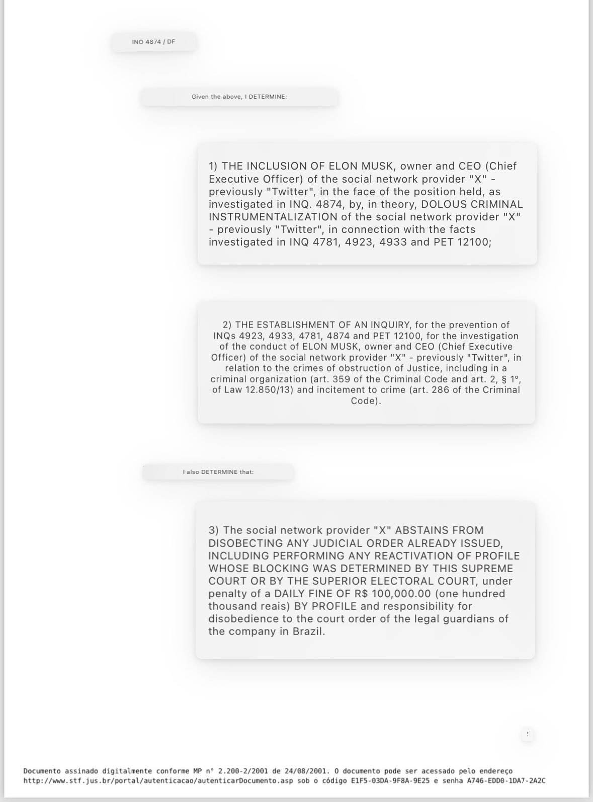 Image in @MarioNawfal's post: 🚨🇧🇷 Brazil's Supreme Court Opens Inquiry Into Elon Musk For Obstruction Of Justice Involving X
Bra…