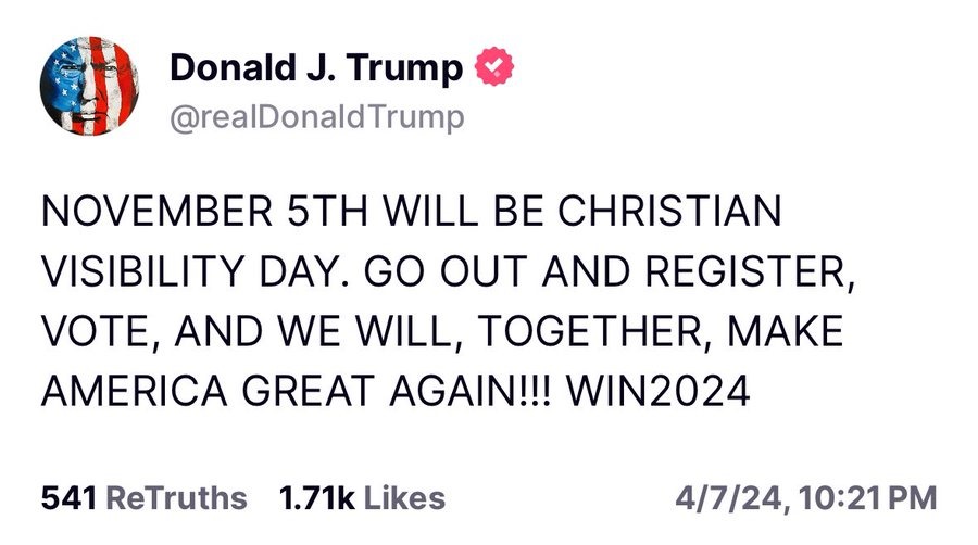 Image in @MarioNawfal's post: 🇺🇸 TRUMP PROMISES CHRISTIAN VISABILITY DAY ON NOVEMBER 5TH
In an apparent counter of the 'Transge…