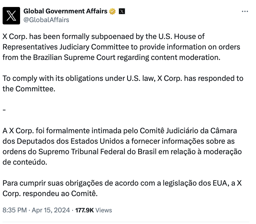 Image in @MarioNawfal's post: 🚨🇧🇷BREAKING: X SUBPOENAED BY U.S CONGRESS ABOUT BRAZILIAN COURT CORRUPTION
X Gov Affairs:
"X Co…