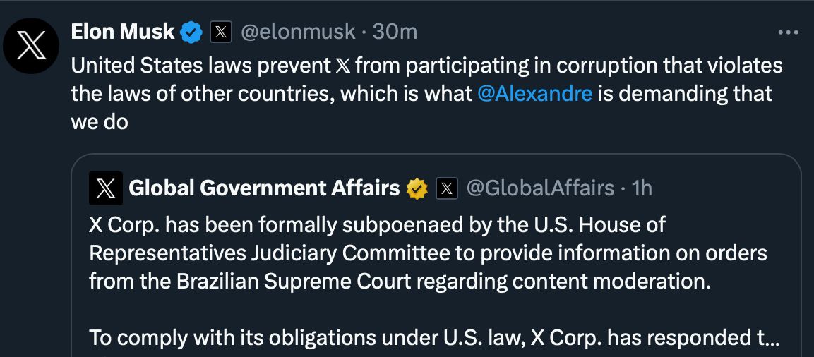 Image in @MarioNawfal's post: 🇧🇷🇺🇸WHY WAS 𝕏 SUBPOENAED BY CONGRESS ABOUT BRAZILIAN SUPREME COURT CORRUPTION?
Elon explained it…