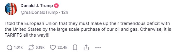 Image in @MarioNawfal's post: 🇺🇸🇪🇺 TRUMP THREATENS EU WITH TARIFFS OVER TRADE IMBALANCE
Trump warned the European Union to ram…