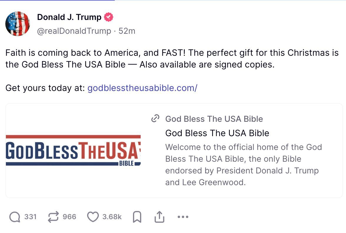Image in @MarioNawfal's post: TRUMP: FAITH IS COMING BACK TO AMERICA | BUY MY BIBLE
"The perfect gift for this Christmas is the …