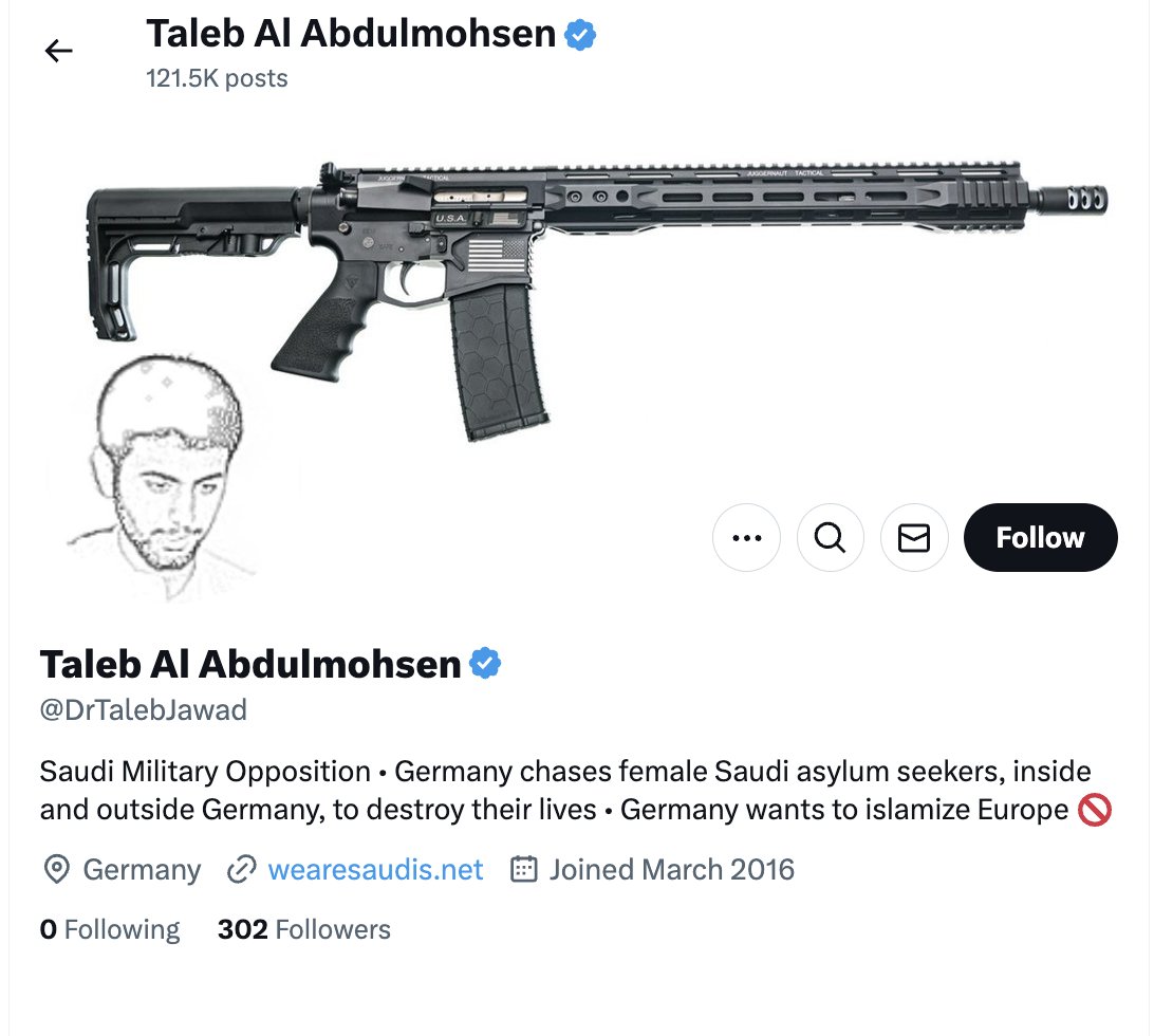 Image in @MarioNawfal's post: 🚨🇩🇪ALLEGED CHRISTMAS MARKET ATTACK SUSPECT’S 𝕏 ACCOUNT RESTORED
It was suspended earlier for alleg…