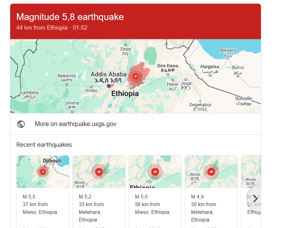 Image in @MarioNawfal's post: 🚨🇪🇹SERIES OF EARTHQUAKES SHAKE ETHIOPIA, SPARKING EVACUATIONS
A 5.8 magnitude earthquake and multi…