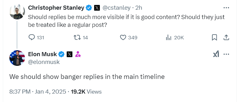 Image in @MarioNawfal's post: 🚨ELON: REPLIES TO X POSTS WILL START APPEARING IN THE MAIN TIMELINE
@cstanley : "Should replies be…