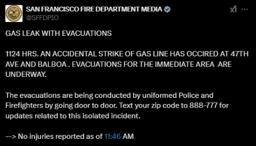 Image in @MarioNawfal's post: 🚨🇺🇸GAS LEAK PROMPTS EVACUATIONS IN SAN FRANCISCO
A gas line was accidentally struck at 47th Aven…