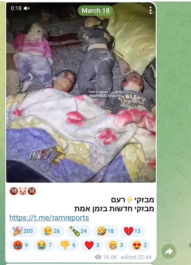 Image in @xIsraelExposedx's post: There is a telegram channel with 300,000 Israelis that sits around and laughs at videos of dead chi…