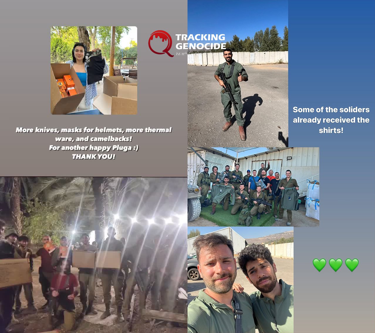 Image in @xIsraelExposedx's post: Multiple Israeli army units received military and tactical gear through Batya Goldberg’s campaign, …