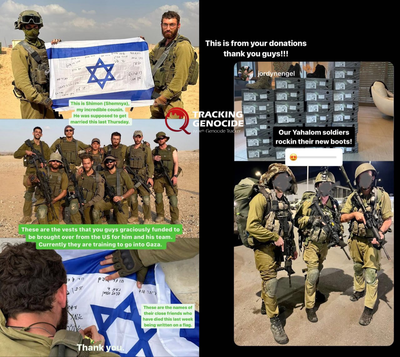 Image in @xIsraelExposedx's post: Multiple Israeli army units received military and tactical gear through Batya Goldberg’s campaign, …