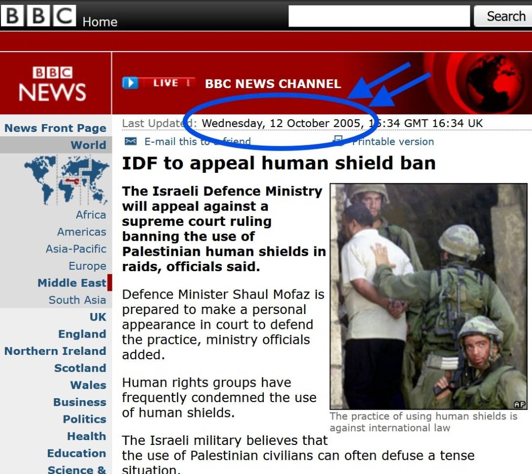 Image in @xIsraelExposedx's post: In 2005 the IDF was banned from using human shields by the Israeli supreme court, due to how widesp…