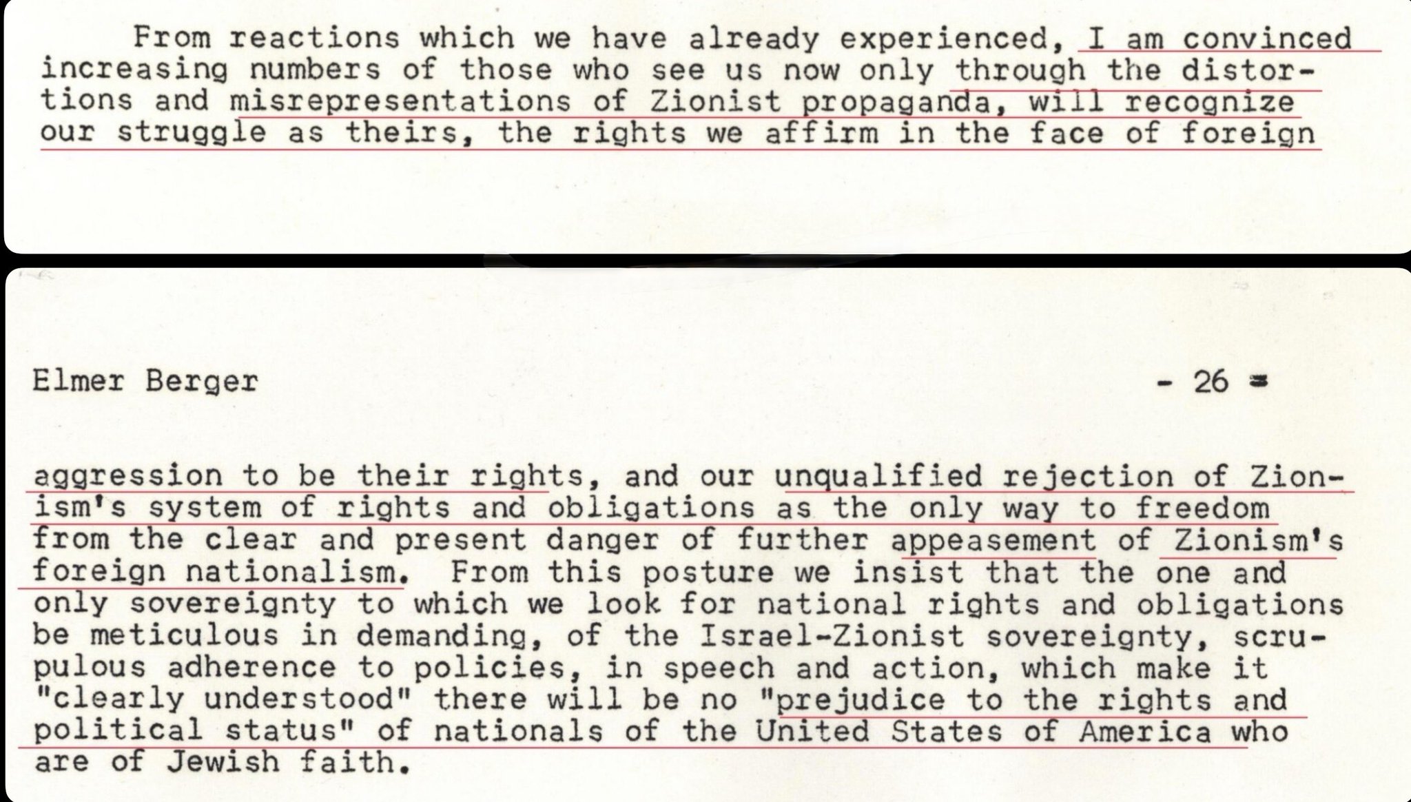 Image in @Wallface's post: A Jewish anti-Zionist wrote to JFK in 1961, warning that Zionism’s “foreign nationalism” threatened…