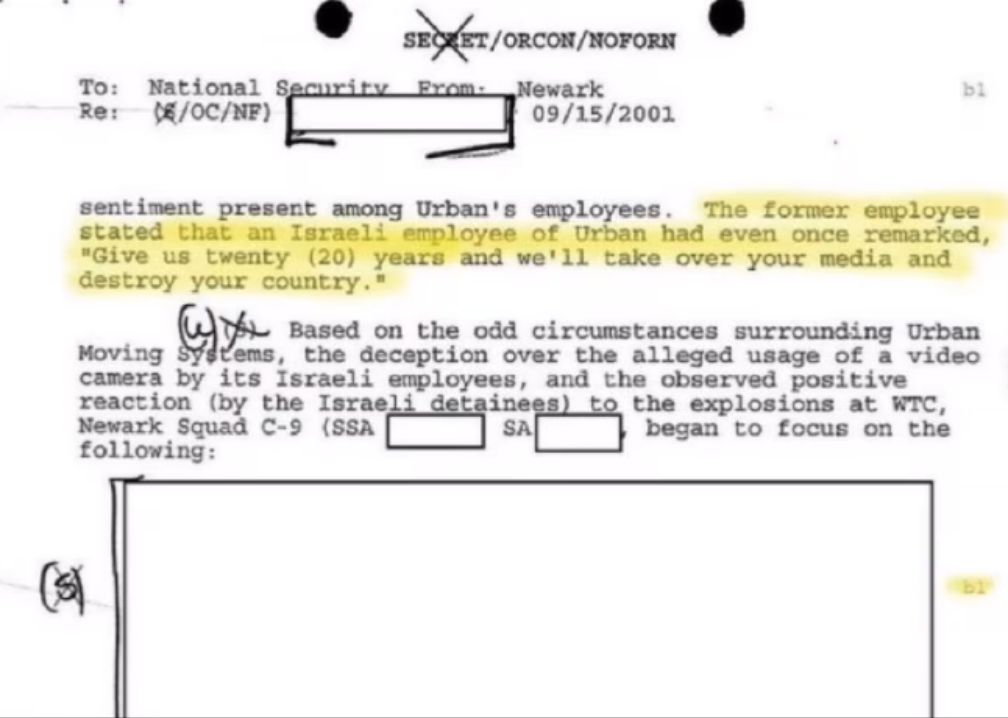 Image in @xIsraelExposedx's post: The 9/11 FBI official report claims that one of the 5 dancing Israeli said 'Give us 20 years and we…