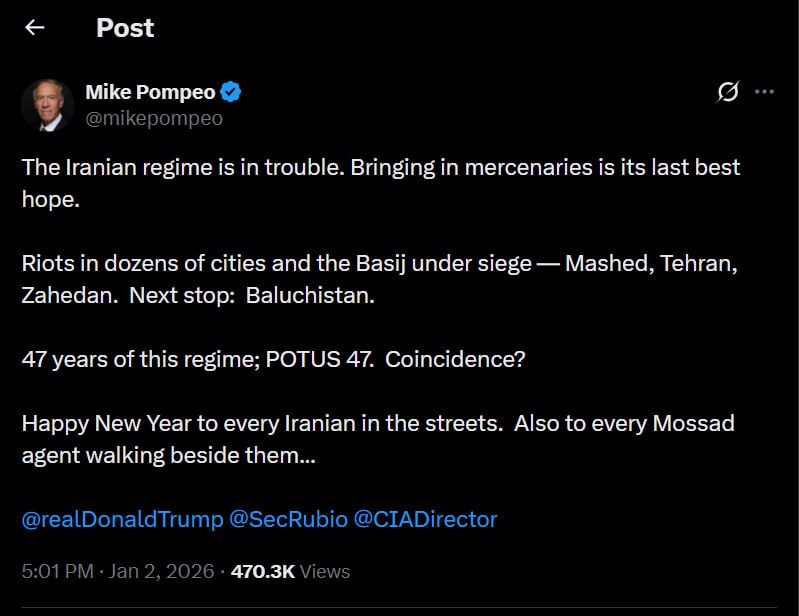 Image in @xIsraelExposedx's post: Former CIA Director Mike Pompoe admitting Mossad agents are on the streets in Iran, a week before t…