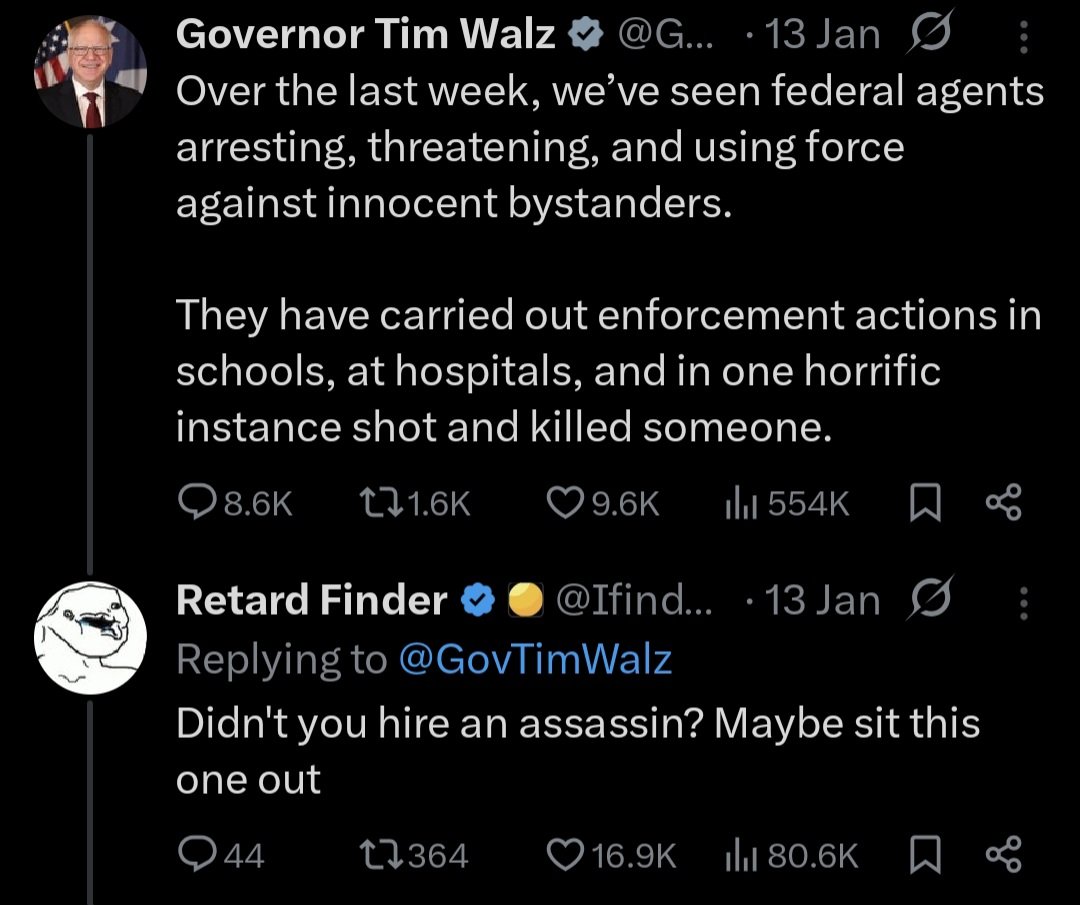 Image in @IfindRetards's post: Brutal ratios for the month of January 🧵
Tim Walz gets bodied https://t.co/FWbUbSSzUv