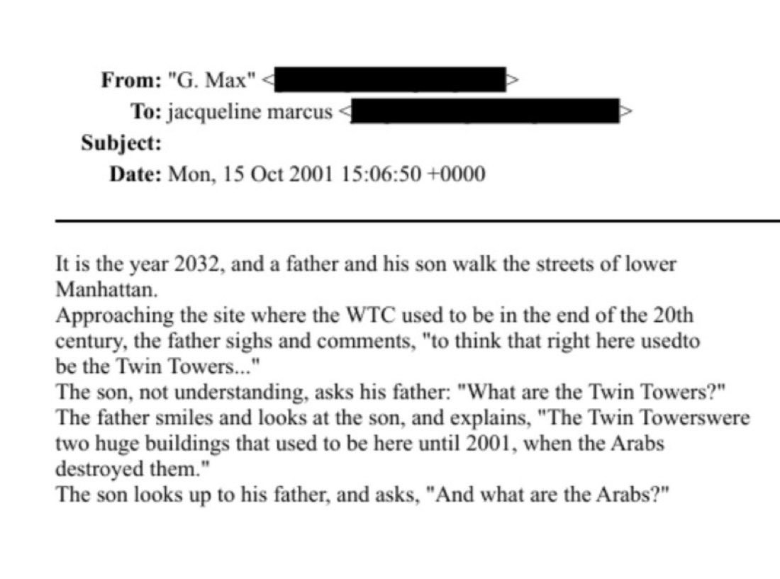 Image in @sneako's post: Good morning goyim
Here’s Ghislane Maxwell fantasizing about Arab genocide a month after 9/11 http…