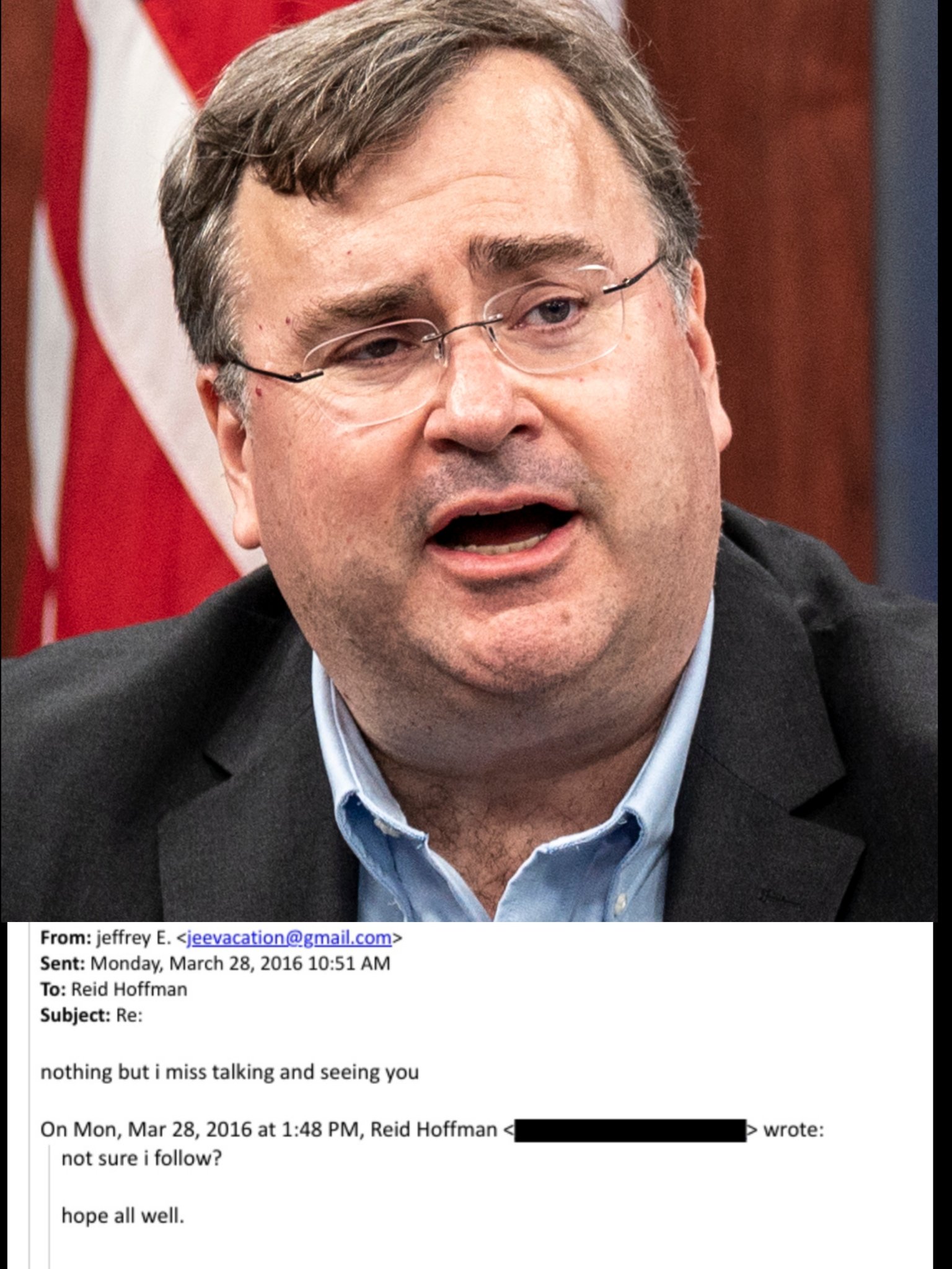 Image in @IfindRetards's post: I'm no expert but do straight men talk to their friends like this?
Epstein to Reid Hoffman
"I mi…