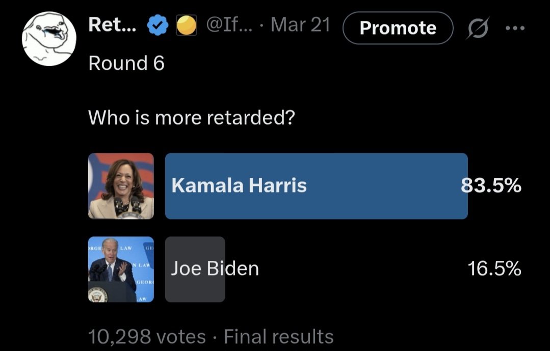 Image in @IfindRetards's post: Finally results are in and Kamala has it in a landslide. Very surprised by the result.
Which matc…