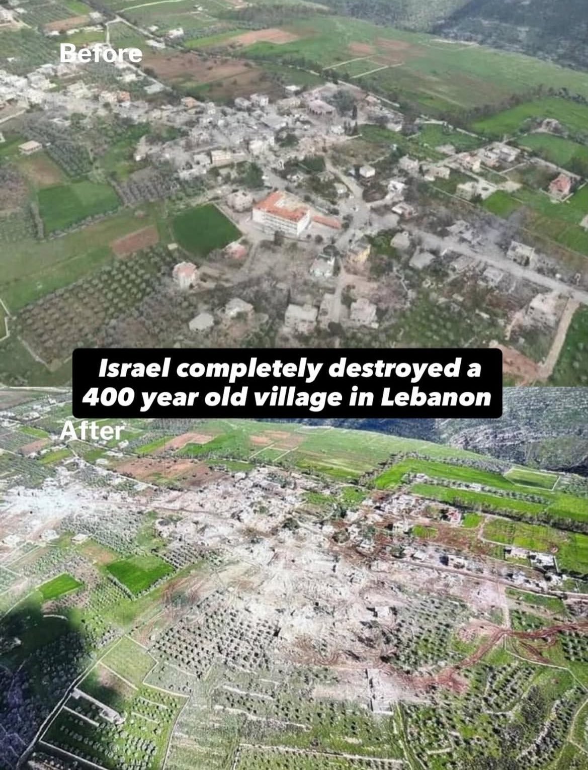 Image in @xIsraelExposedx's post: A 400+ years old Christian village in southern Lebanon has been wiped out by Israel. Its name is De…