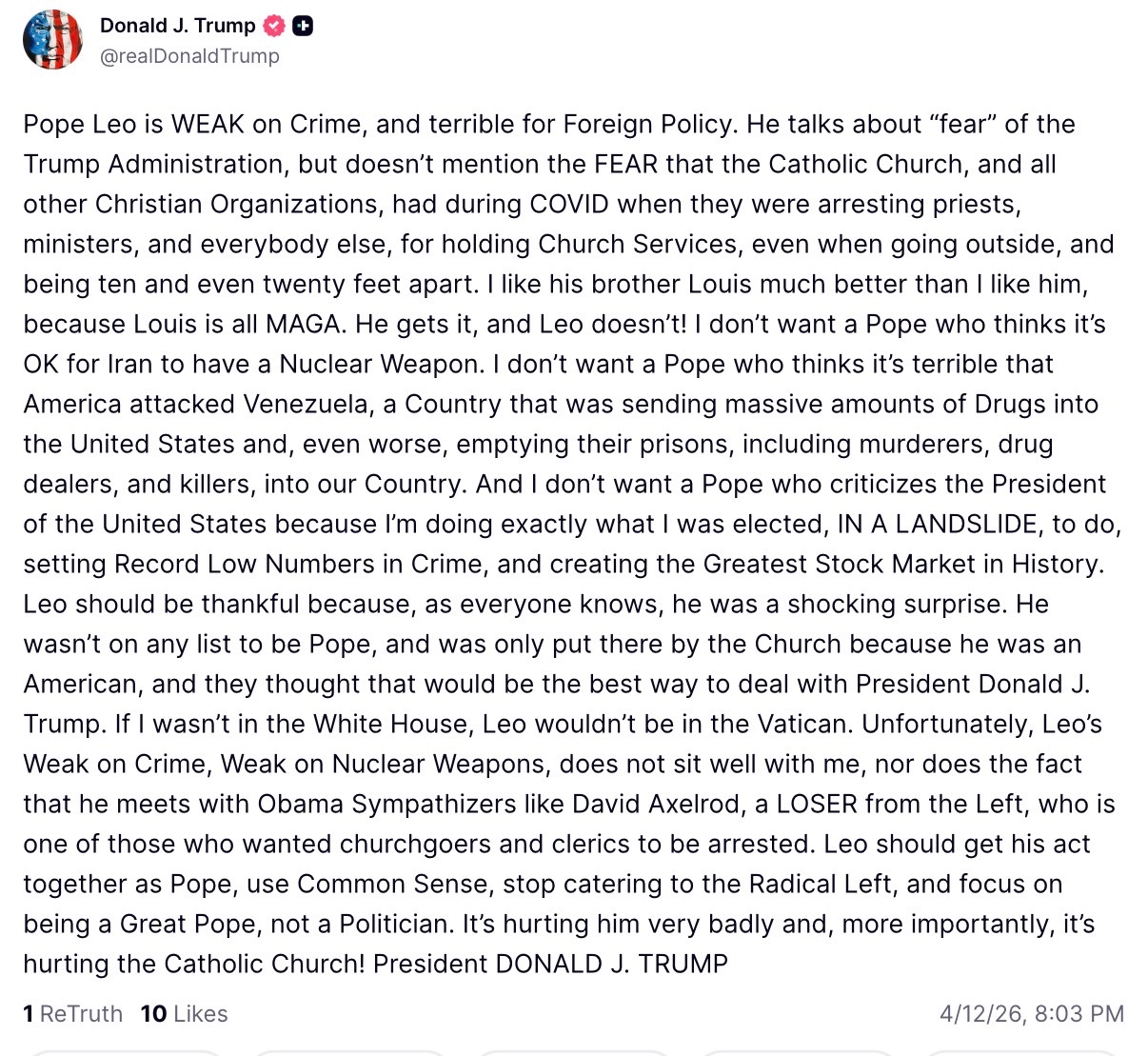 Image in @sneako's post: We stand with the Pope and the beautiful religion of Catholicism. Trump is committing the greatest …